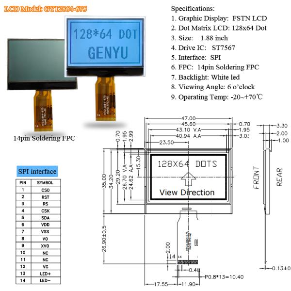 128x64 Fstn COG LCD Display Module I2c Spi St7567 26pin Screen Monochrome Display 12864 Mono LCD Graphic Display ST7567 or UC1701