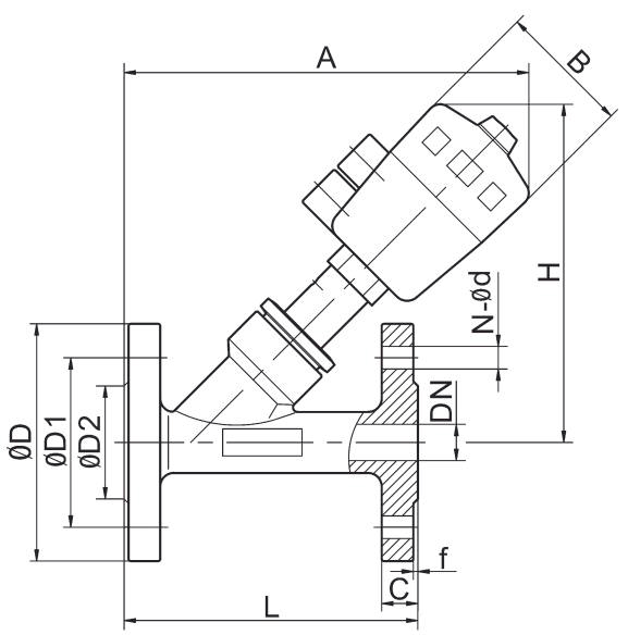DN50 2'' Flanged Air Actuated Angle Seat Piston Valve Pneumatic