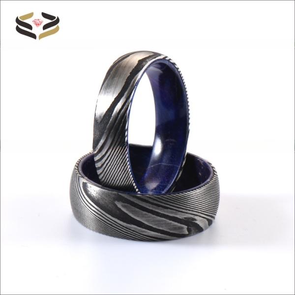 Etched Damascus Wedding Rings 6mm 8mm With Blue Purple Wood Sleeve Inlay