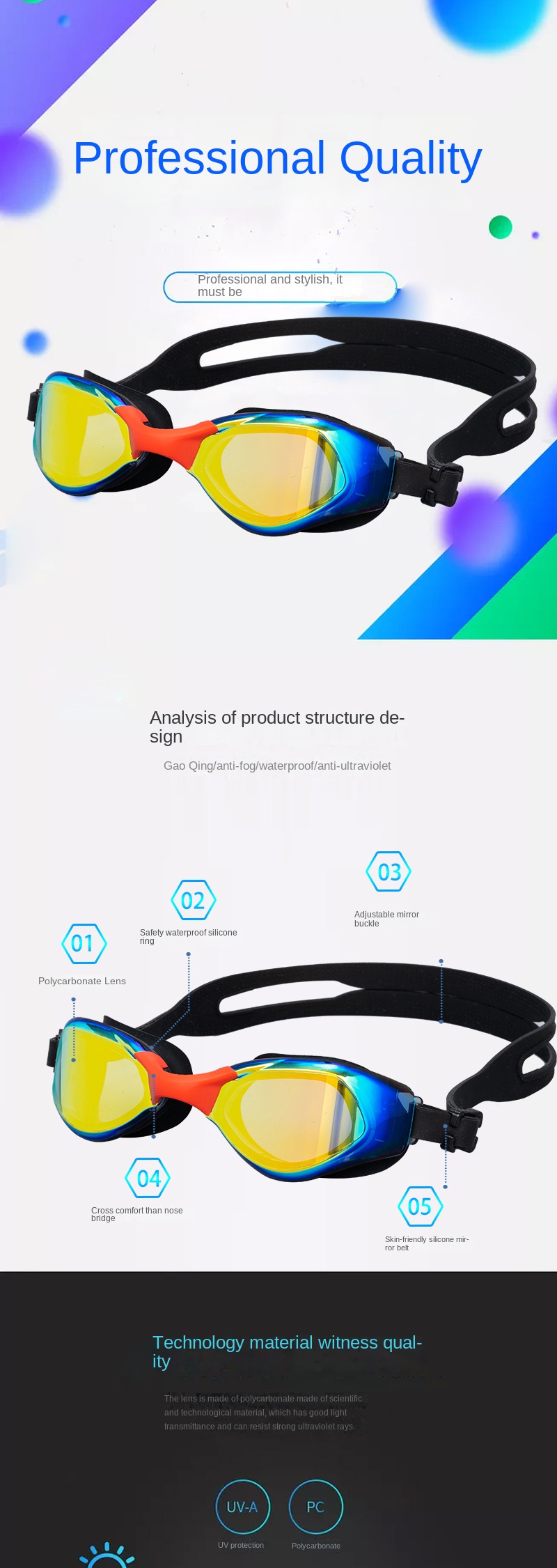 Fashionable Adult Swimming Goggles Electroplated No Fog Swim Goggles