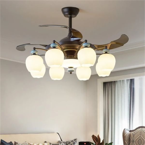 Retractable Blade Modern Folding Fan Light Remote Control Chandelier LED Invisible Ceiling Fan Crystal Light (WH-VLL-29)