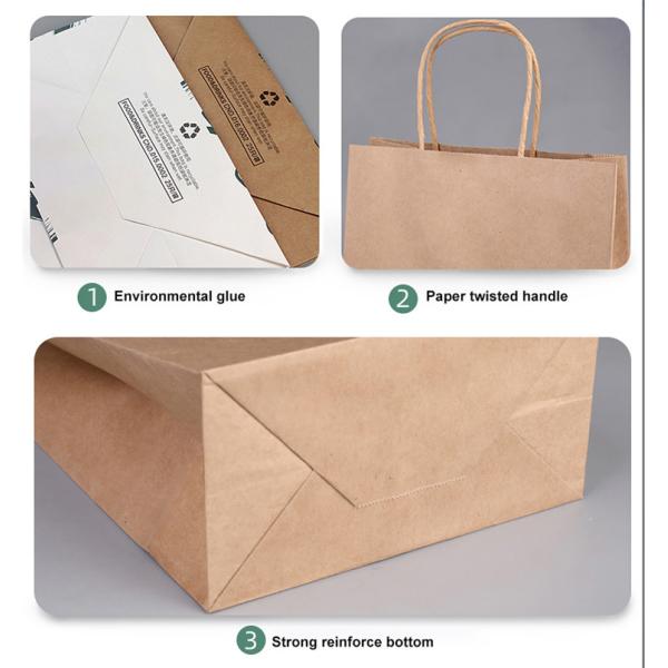 Khaki White Food Takeaway Kraft Paper Brown Shopping Bags With Handle Bulk