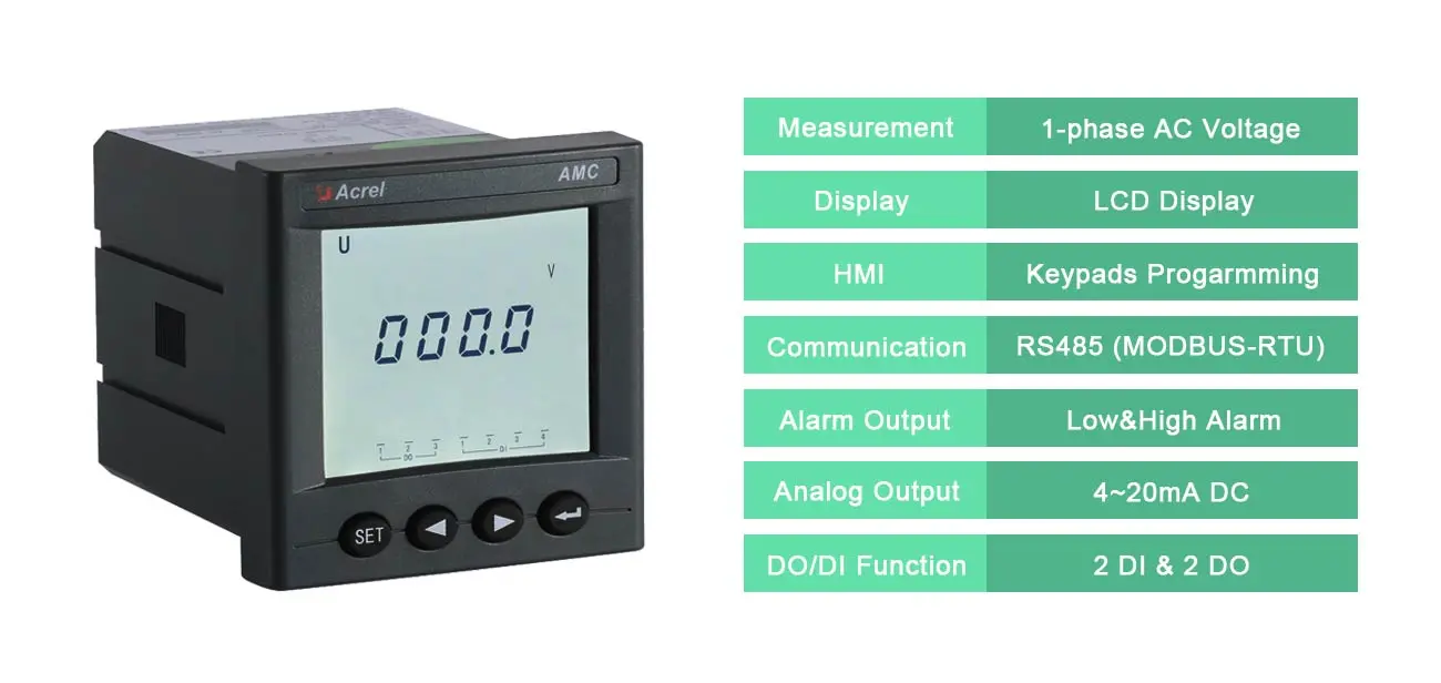 Acrel AMC72L-AV Single Phase Output Current 4-20mA With LCD Display Energy Measuring And Monitoring RS485 Communication