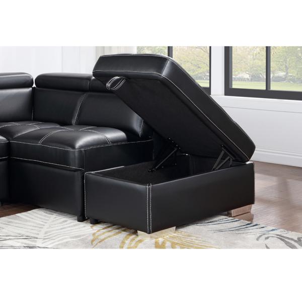 U-Shaped Sectional Sleeper Sofa with Pull Out Bed and Storage Chaise Lounge and Adjustable Headrests, Black Breathable Leatherette