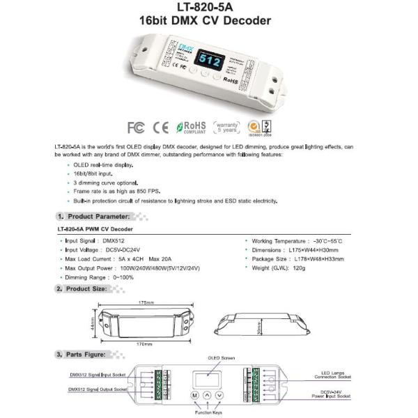 LT-820-5A 16bit dmx cv devoder