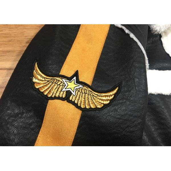 Black PU White Shearling Polyester Coat Warm Contrast Pleather Jacket With Badges For Ladies