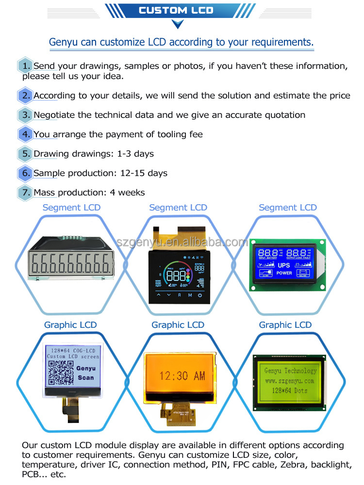 Lcd Genyu Monochrome Cob Design TN/HTN/STN/FSTN Display Modules 7 Segment Lcd Board 76*58 mm Display Size and Green LEDs