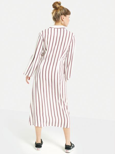 2018 New Arrival Fall Long Sleeve White and Red Striped Zip Front Sex V neck Midi Dress Ladies Autumn