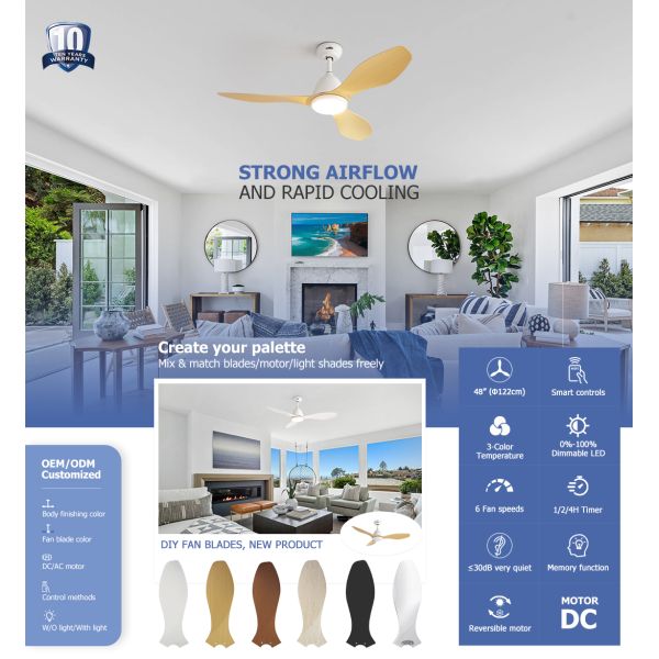 Modern Ceiling Fan with LED Light 48" Plastic Blades Remote Control Quiet DC Motor for Home Decor