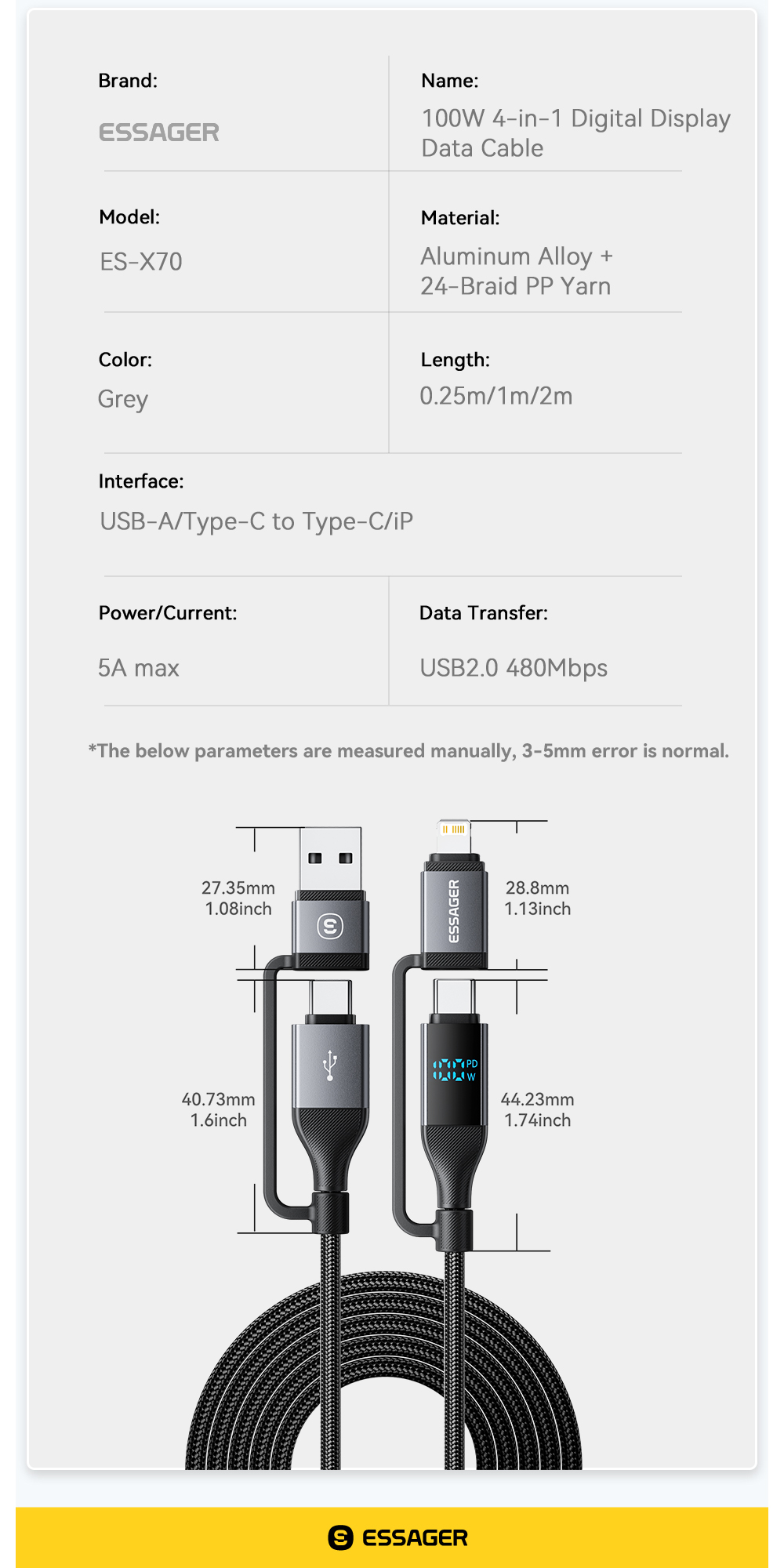 ESSAGER ES-X70 4 in 1 USB A/C to C/L Charging Data Cable PD and QC Charging for All Devices