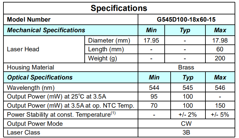Beam Mode Near TEM00 100mW 545nm 555nm Green Laser Module with Good Beam Spot