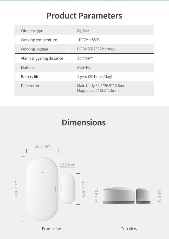 Tuya Wireless Zigbee Door Window Sensor CR2032 Battery 30mA