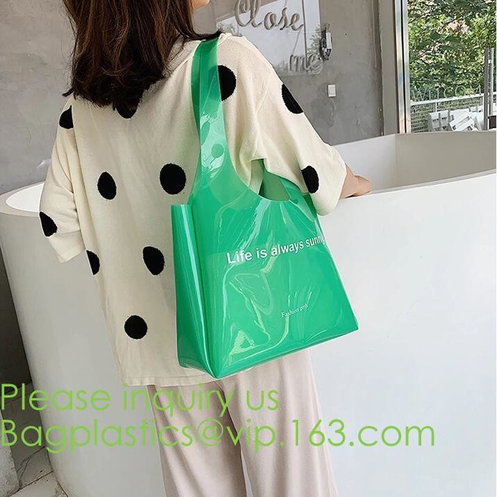 Transparent PVC Blanket Bag/Plastic Shopping Bag/Packaging Bag With Black Woven Trim And Webbing Handle, bagease, packag