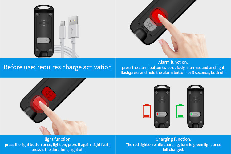 IP56 Waterproof 130dB Emergency Alarm Keychain With LED Flashing Light