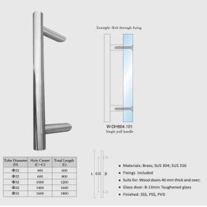 China wooden door handles brass / SUS entry door handles set Dia. 32mm tub L600-L1800 W-DH604 glass door handle wholesale