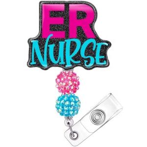 China Customized Color Fashion Resin Glitter Acrylic Beads Retractable Nurse Badge Reel Cute Anime Name Tag ID Card Holder Lanyard on sale