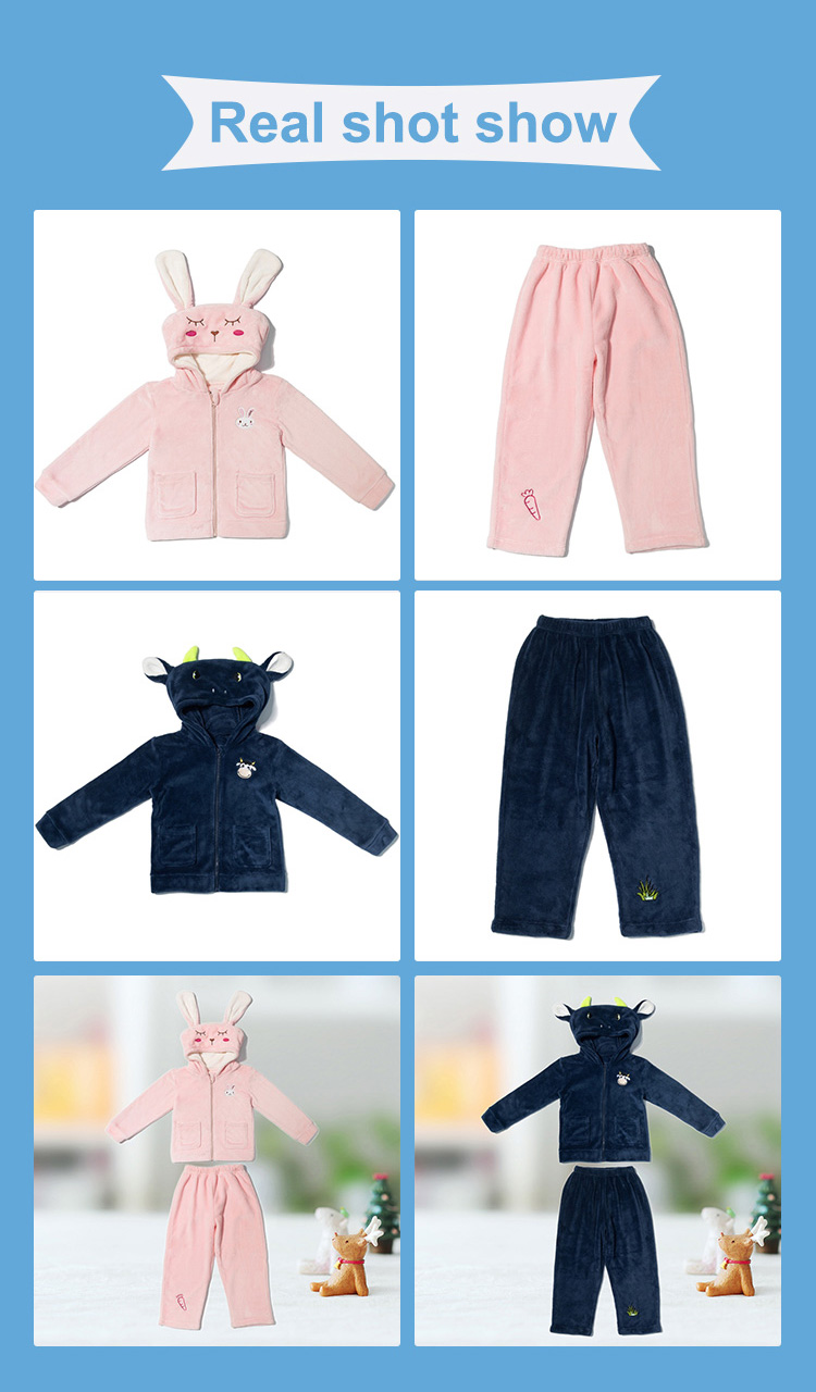 Children's Sleepwear Sets with Warm Coral Fleece Fabric and Cute Rabbit 3D Hat