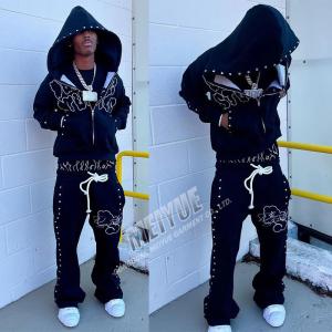 OEM Manufacturer Custom Double Waisted Baggy Stacked Pants Sweat Suit Y2k Diamond Rhinestone Flare Sweatpants and Hoodie Sets