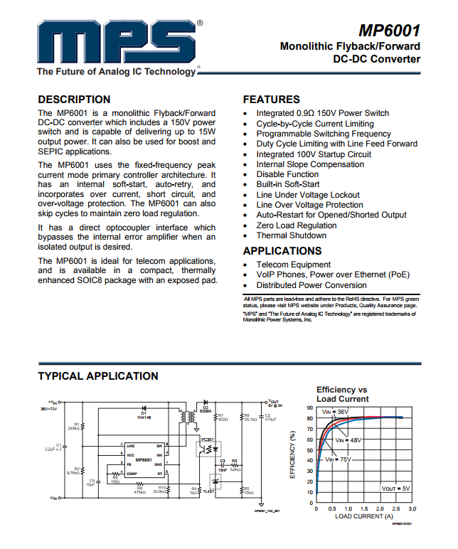 MP6001DN-LF-Z Boost, Flyback, Forward Converter, SEPIC Switching Regulator IC Positive or Negative, Isolation Capable