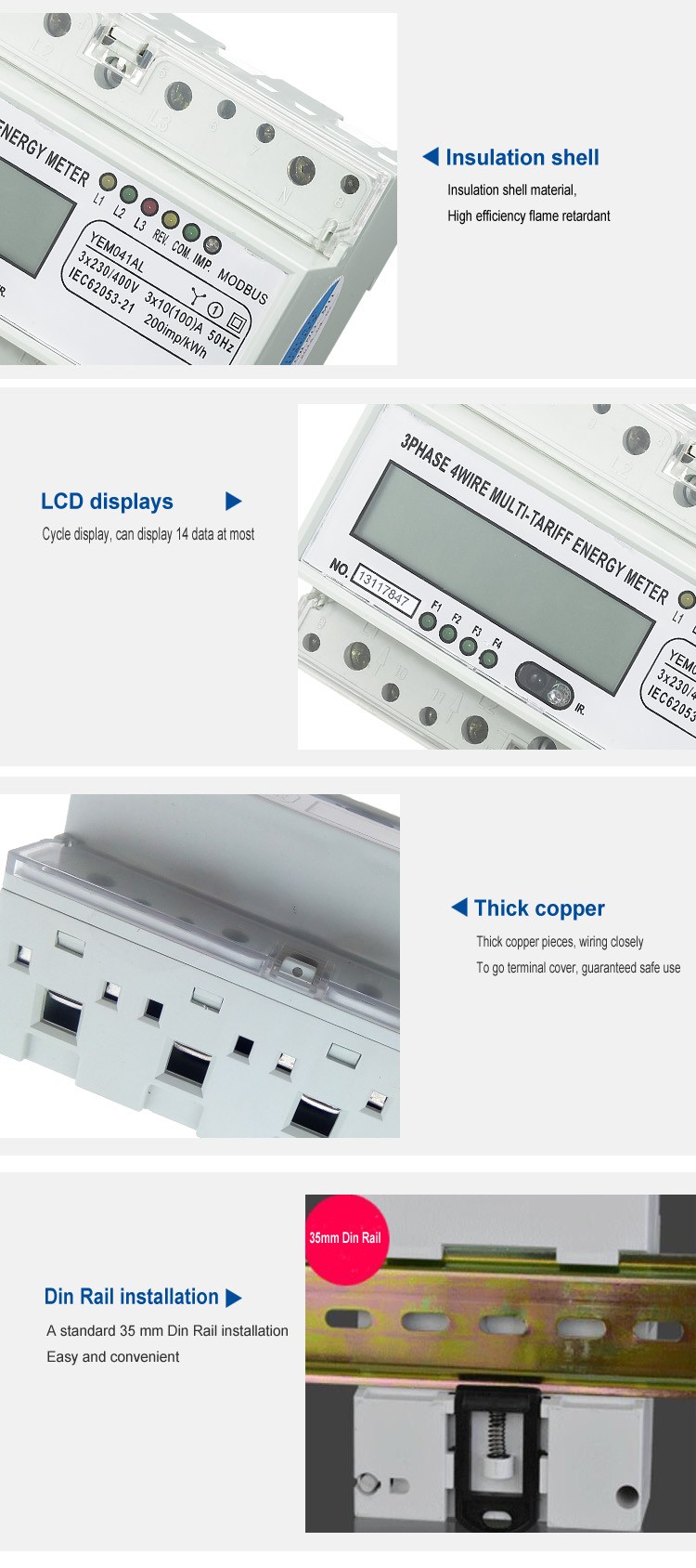 Three phase din rail multi-rate lcd multifunction electric power monitor energy meter with rs485 modbus
