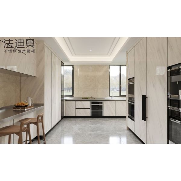 U-Shaped Stainless Steel Kitchen Cabinets With Sintered Stone Cladding Elegance In White - U-shaped layout with interior organization
