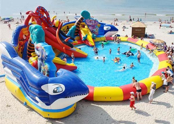 Quality Huge Shark Inflatable Water Parks With Slide For Rent / Blow Up Water Playground for sale