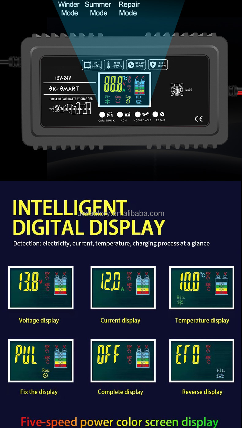 AGM Gel Lead Acid Battery 12V 24V12A Car Battery Charger Intelligent Repair Type Automatic LCD with 90% Charging Efficiency