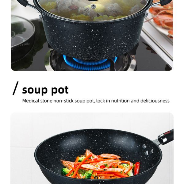 Multi Function Black Flat Bottom 3PCS Frying Non Stick Kitchen Cookware Sets