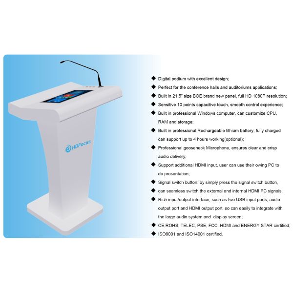 Best Price Smart LCD 21.5 Inch All-in-One Touch Screen Podium Kiosk with Mic and Speaker for Conference