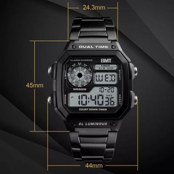 45mm Stainless Steel Led Watch Waterproof OEM Goldtone Multi Functional