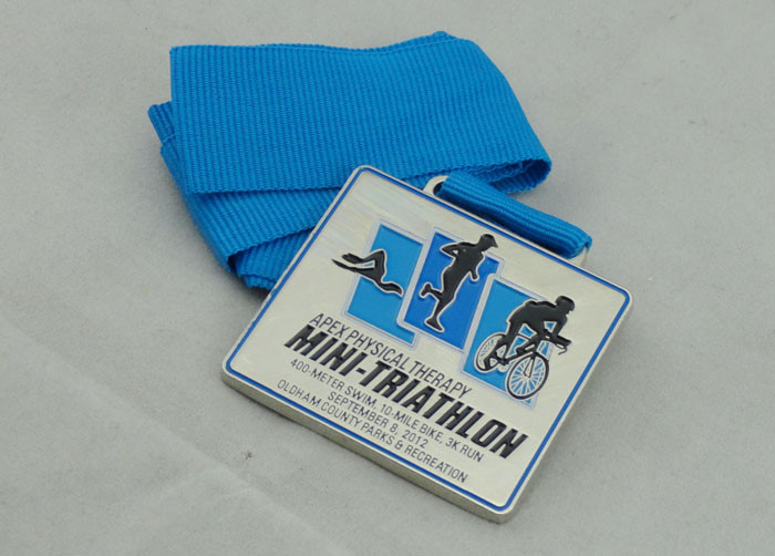 Mini Triathlon Blue Ribbon Medals Die Casting , Nickel Plating