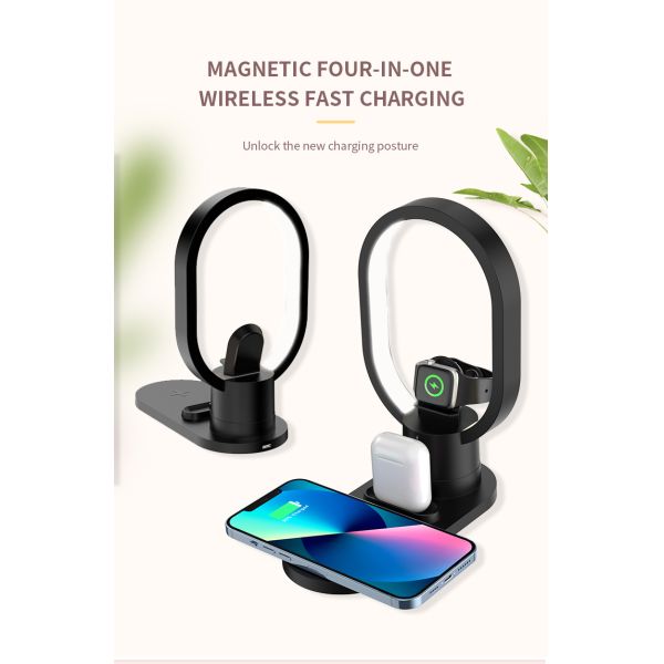 LED Desk Lamp 4 In 1 Wireless Charger Dock Station For iPhone 14 15Pro With 15W Output Voltage And Current