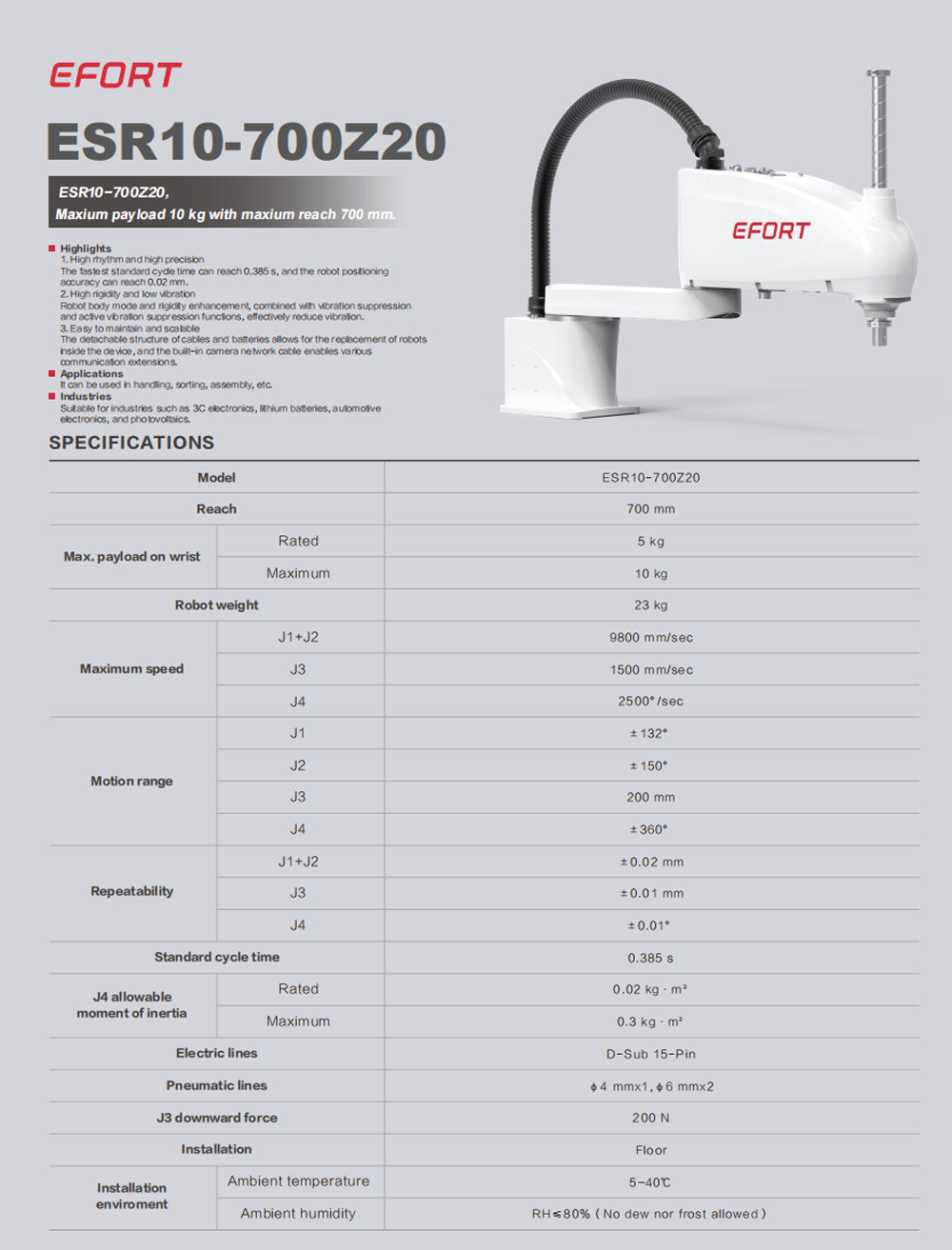 SCARA Robot For 3C Electronics Handling 10kg Payload Reach 700mm Model ESR10-700Z20