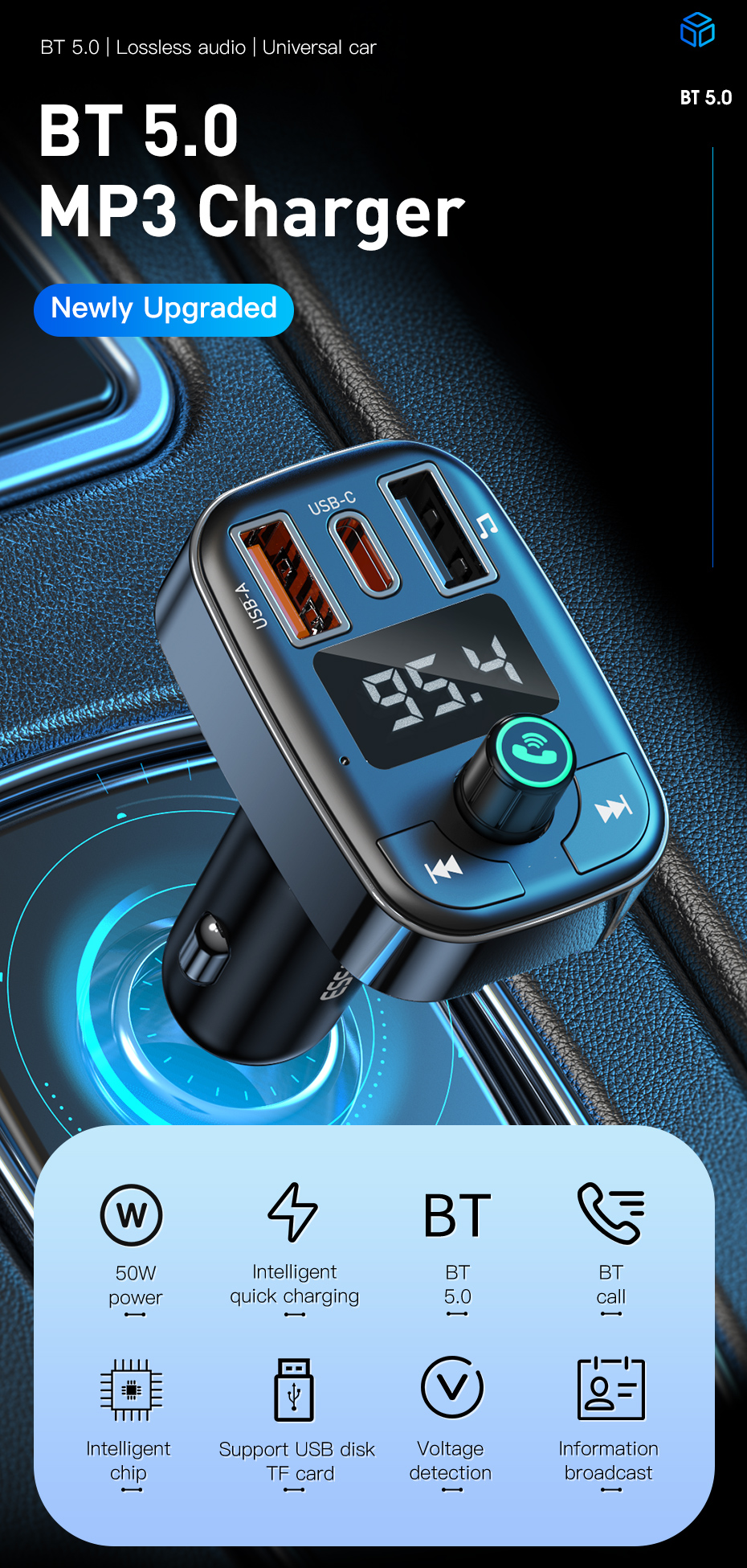 BlueCat FM Blue MP3 Car Charger 50W Fast Charge For Phone USB A USB C U Disk