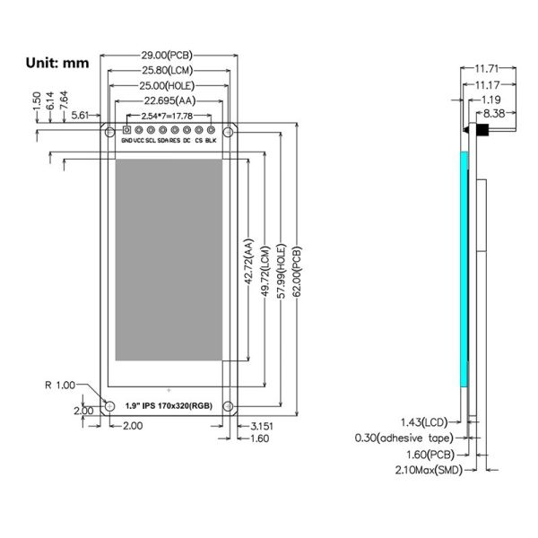 1.9 Inch Lcd Module Tft, 170x320 Resolution, 8 Pins 4 Line SPI Interface
