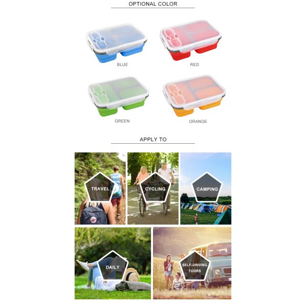 Rectangle 460g 3 Compartments Silicone Folding Lunch Box