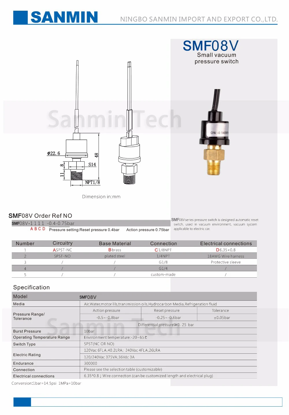 SMF08V Pressure Switch Designed Automatic Reset Small Vacuum Parts In Vacuum Environment