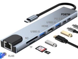 China 8 In 1 USB C Hub Adapter HDMI 4K RJ45 Ethernet PD Type C USB 3.0 SD TF wholesale