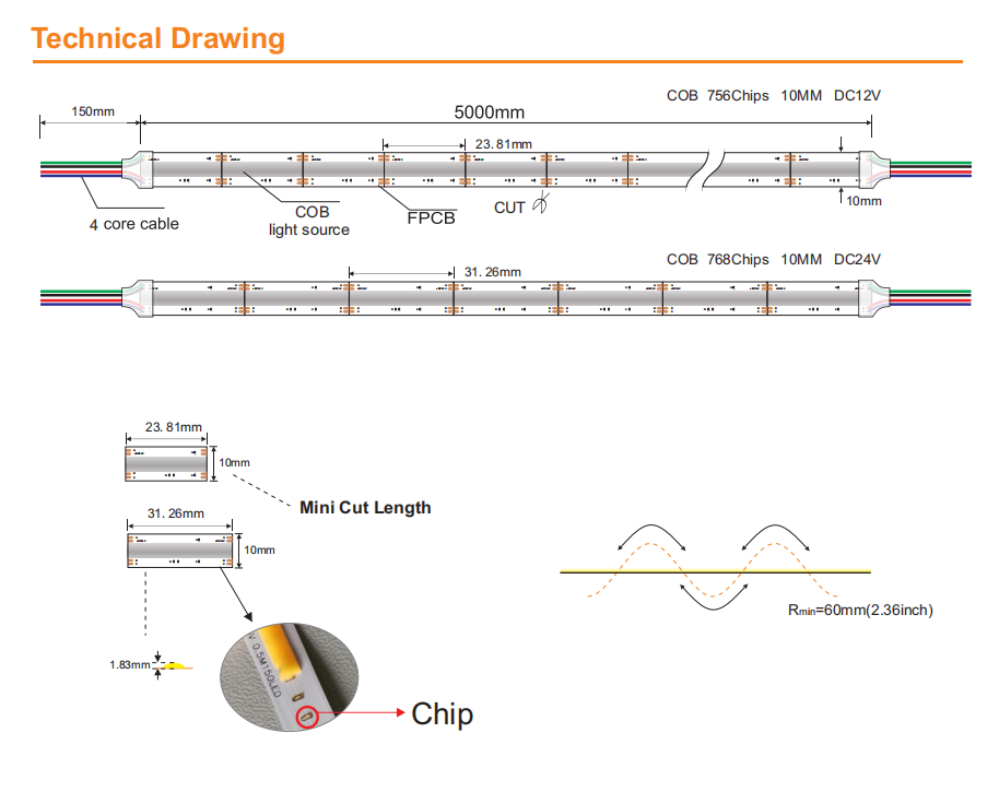 420leds/M Colorful COB LED Strip Lights 12V 24V Flexible RGB For Aluminum Profile