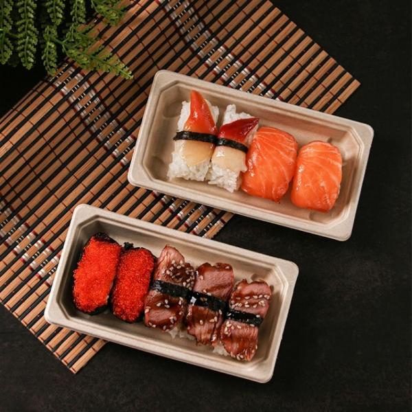 Quality 11g Dinnerware Fast Food Biodegradable Bagasse Tableware Sushi Tray With Pet Lid for sale
