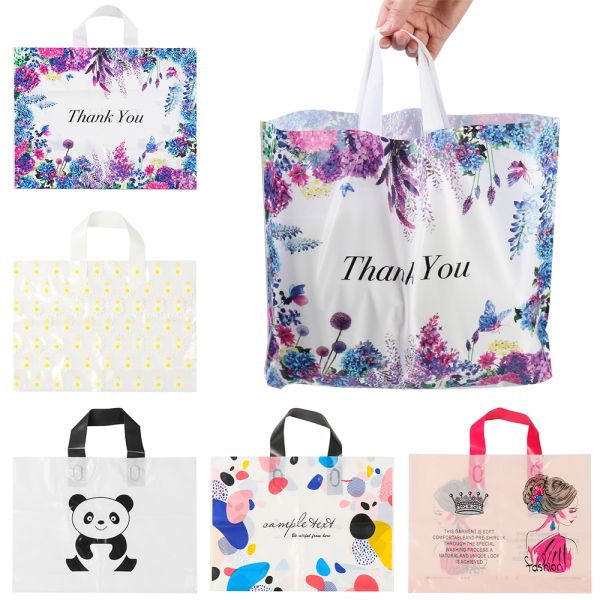 Multiple Patterns Floral Plastic Bags Boutique Gift Bag Clothing Packaging Soft Loop Handle Outdoor Shopping Accessories