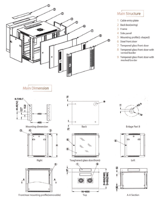 Cold Rolled Steel Computer Network Rack Wall Mounted Cabinets 600mm Width