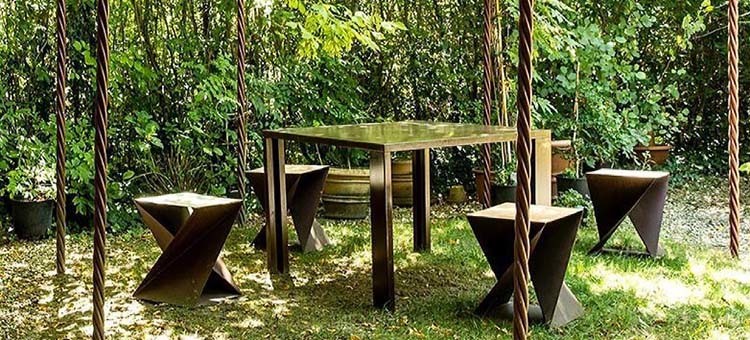 Designed Geometric Corten Steel Outdoor Furniture Set Include Table And Stools