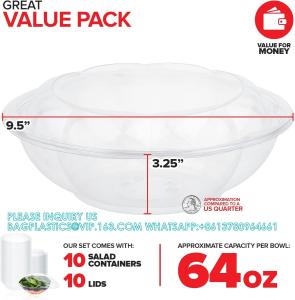 64oz Clear Plastic Salad Bowls With Lids Disposable (10 Pack) Extra Large Takeout Container With Snap On Lid