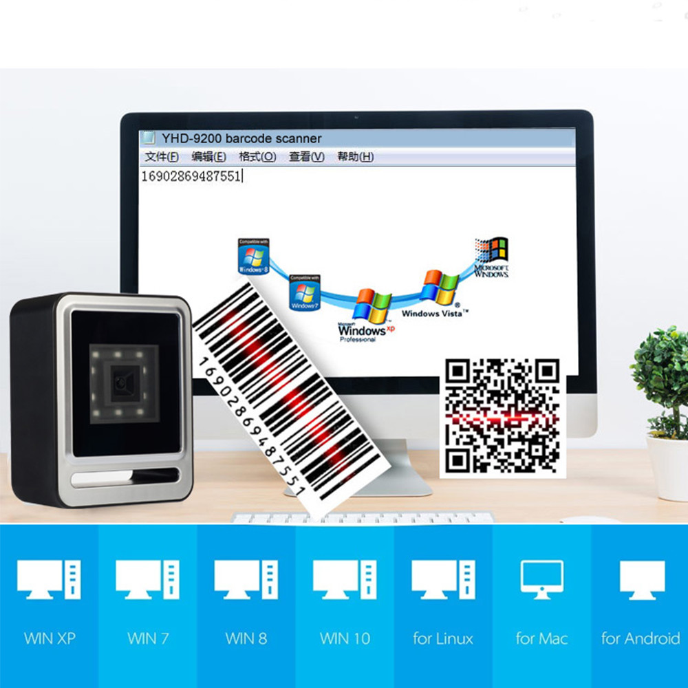 Platform Wired Desktop Barcode Scanner USB Handsfree 2D 1D 4mil Resolution