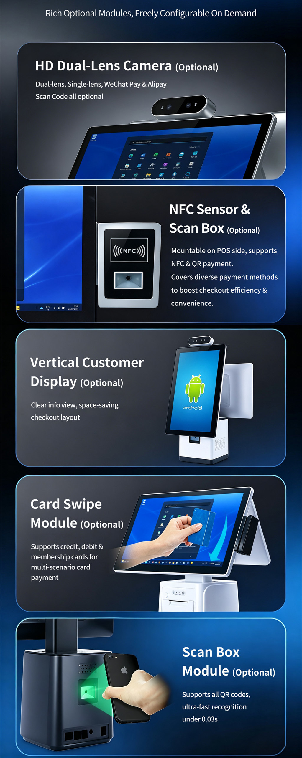 Restaurant Android All In One POS System With QR Code NFC Reader Face Recognition