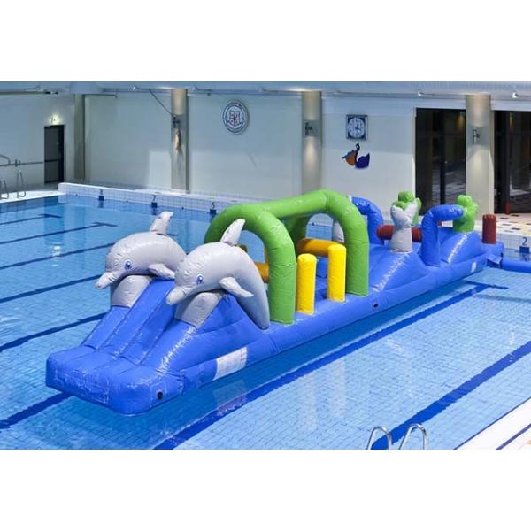Quality Colorful Double Dolphin 12m Aqua Run Inflatables , Blow Up Water Islands For Pool for sale