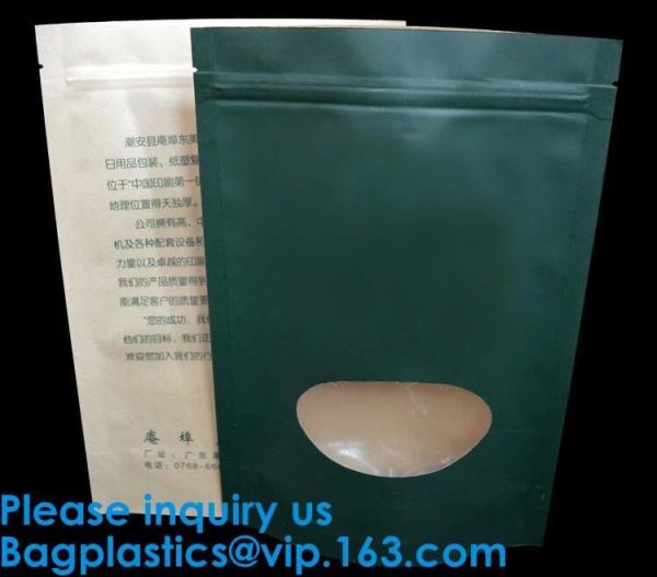 Quality Natural Kraft Paper Flat Bottom Standup Pouch / Food Packaging Bags With Window,Foil Lined Standup Kraft Paper Envelopes for sale
