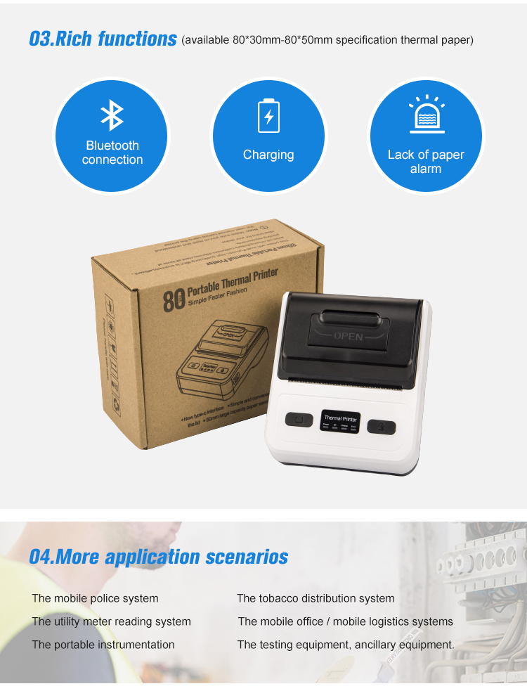 Power Adapter 7.4VDC/2000mA Wireless Thermal Printer with Bluetooth 80mm Max Paper Size