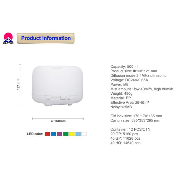 Small Electric Essential Oil Mist Diffuser 30dB 500ml PP Material